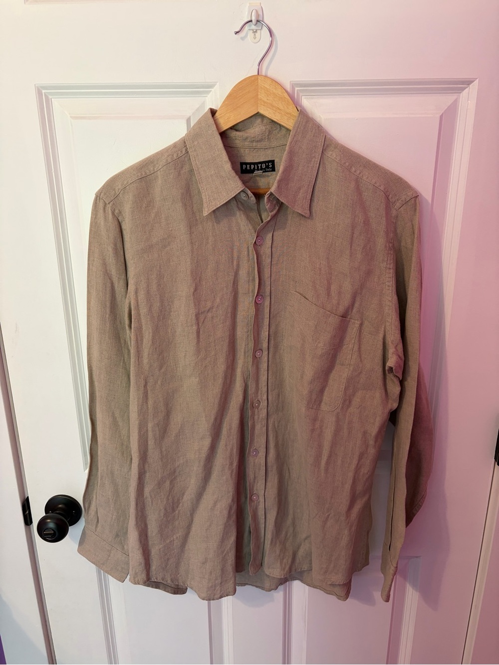 Men's Long-Sleeve Button-Up Shirt in Beige- 100% Linen